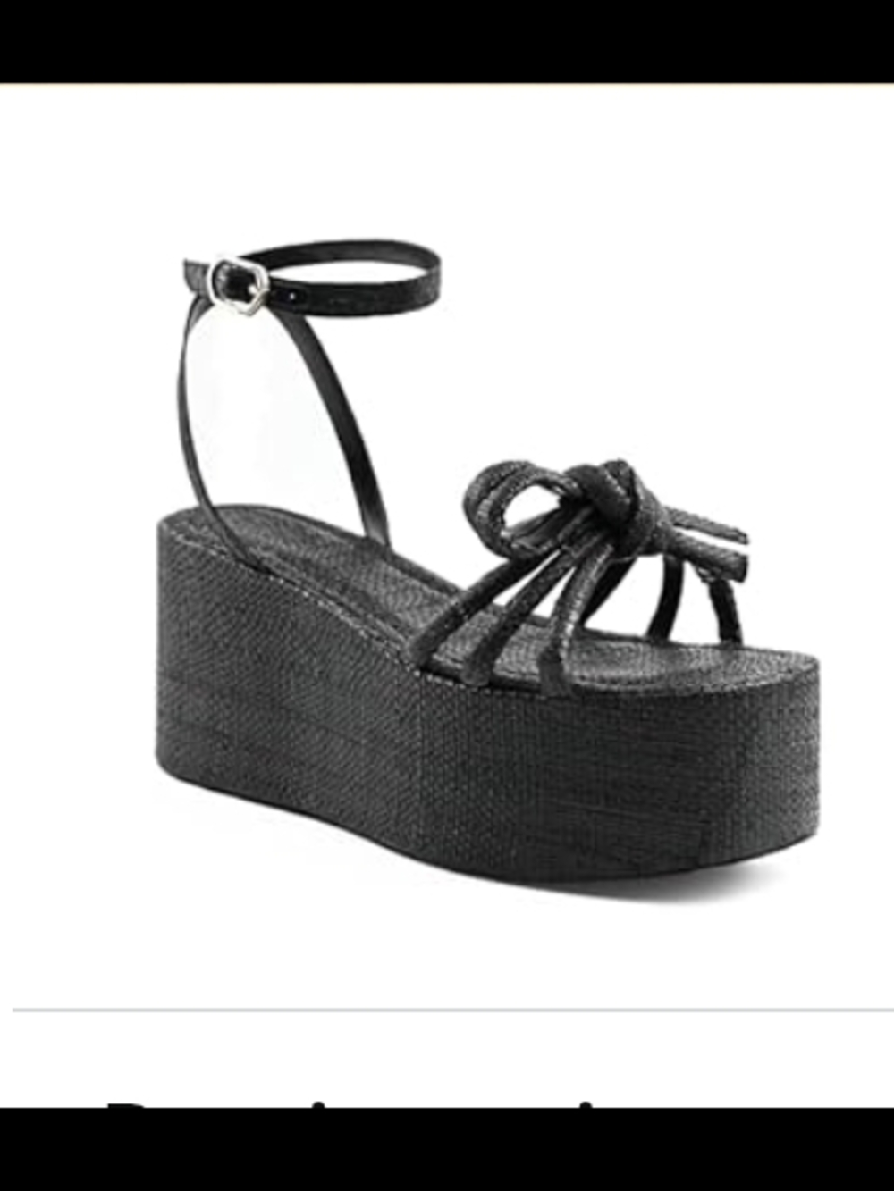 Platform Ankle-Strap Raffia Knot Sandal - Black Sz 9